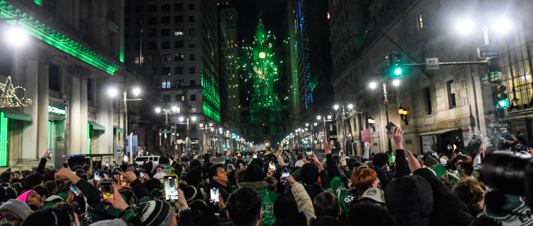 Philadelphia Eagles fans celebrate the win over the Kansas City Chiefs