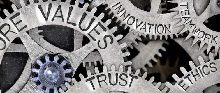 Gears with words like ethics, trust, and values inscribed