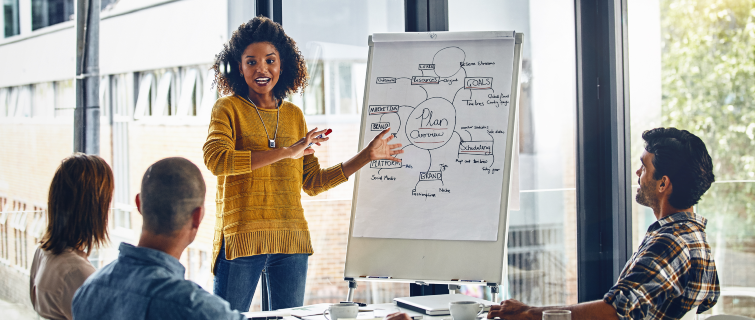 Businesswoman giving a presentation to coworkers in a boardroom meeting.