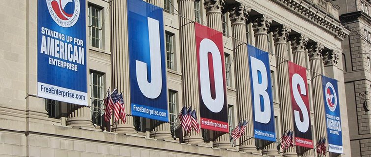 The DC Chamber of Commerce building with a JOBS banner