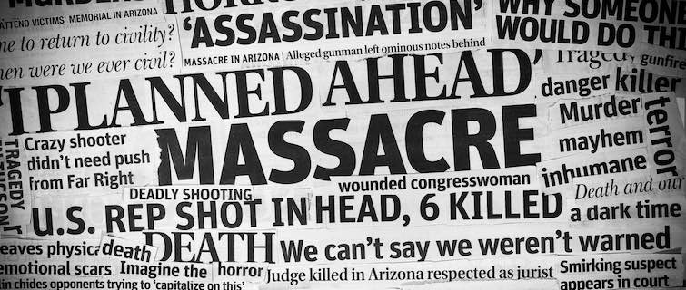 Collage or newspaper headlines related to mass shootings and disasters