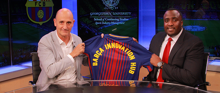 Daniel Kelly and Jordi Moix show off the new FC Barcelona jersey