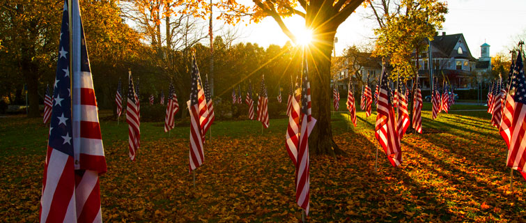 American flags at sunset.