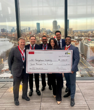 Led by MPRE faculty member Bill Deller, the winners of the Boston University Hospitality Real Estate Competition (L-R) included Carlos Fermin, Timothy Sloat, Briana Pinheiro, Harry Quinton, and Michael Jackson II.