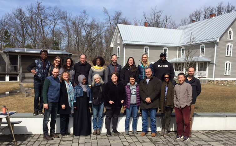 Students gather for a group portrait at Georgetown's Calcagnini Contemplative Center in Bluemont, Virginia.